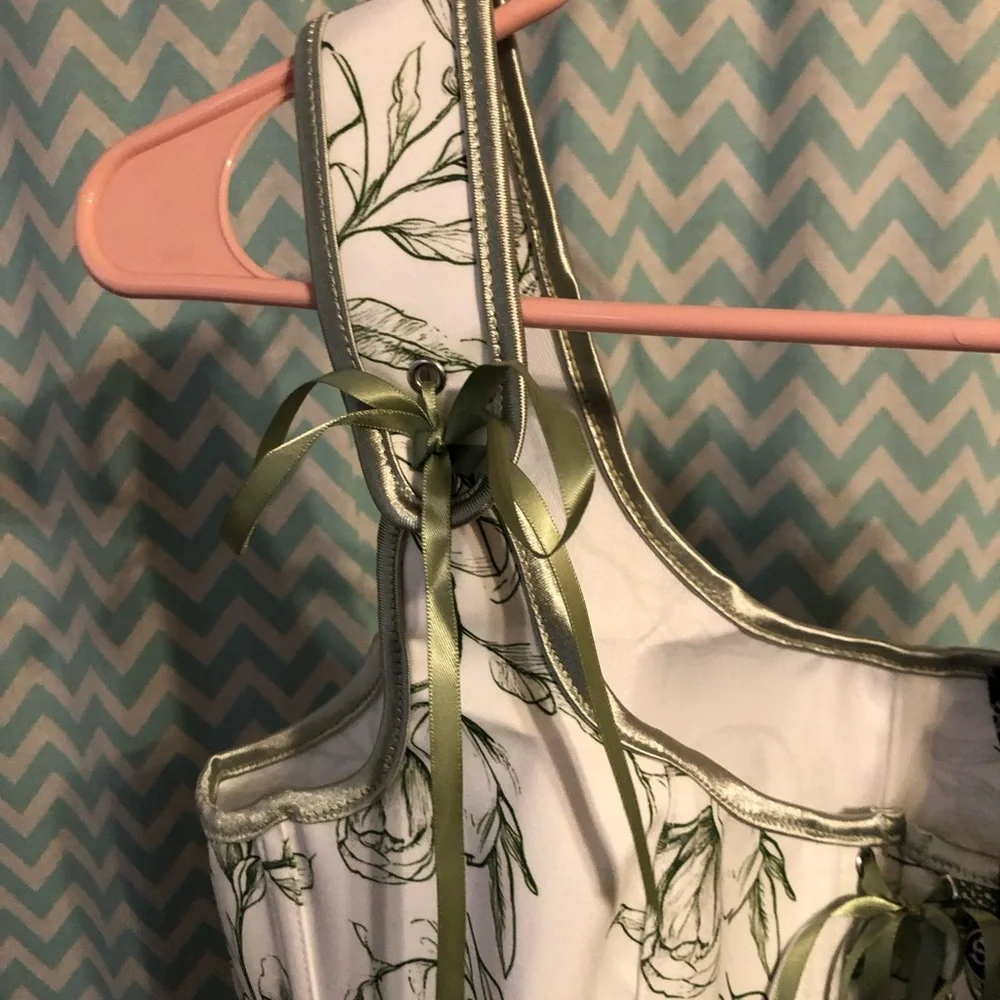 Scarlet Darkness spring floral print green white corset top RenFest cosplay - Picture 10 of 12